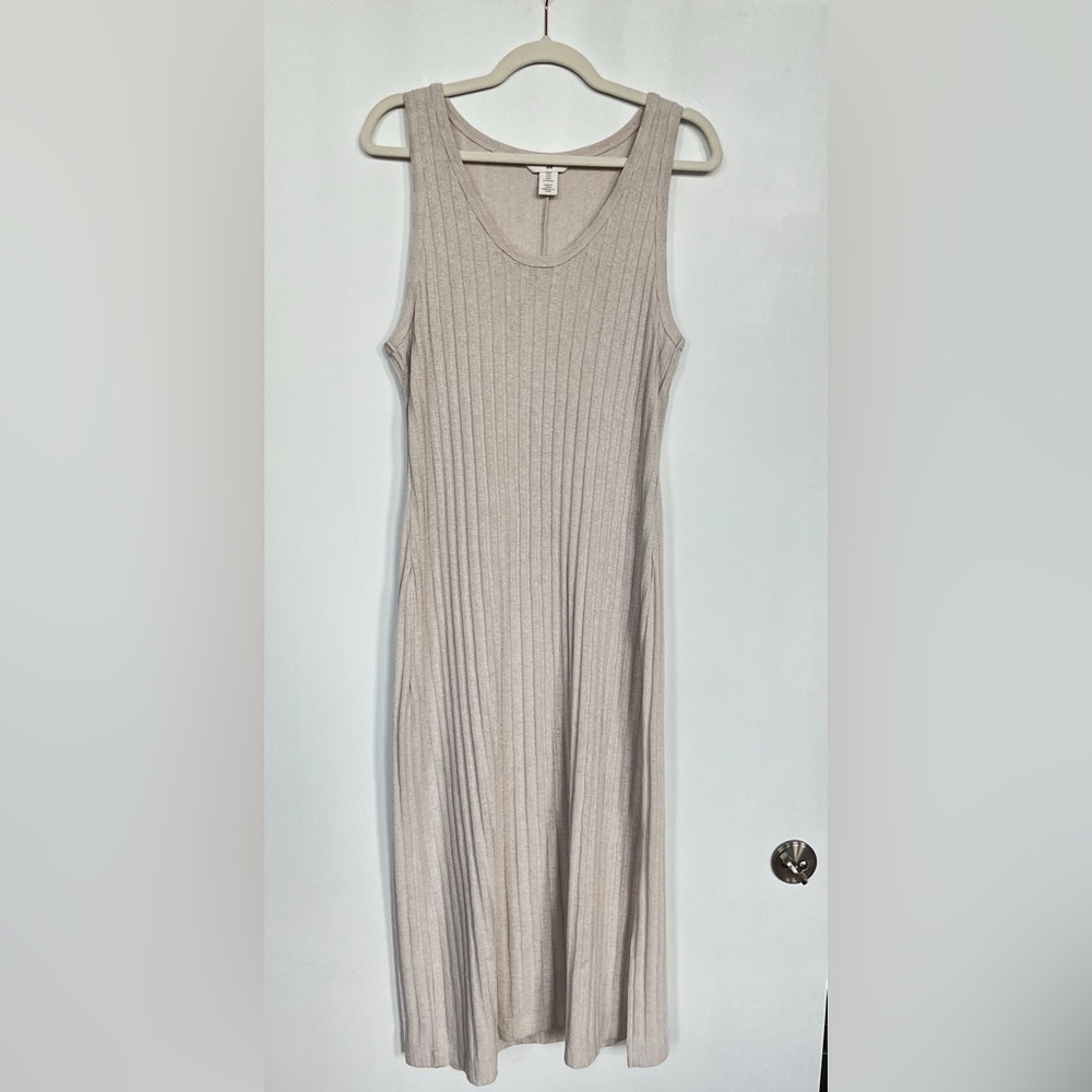 Cream Ribbed Sleeveless Sheath Midi Dress